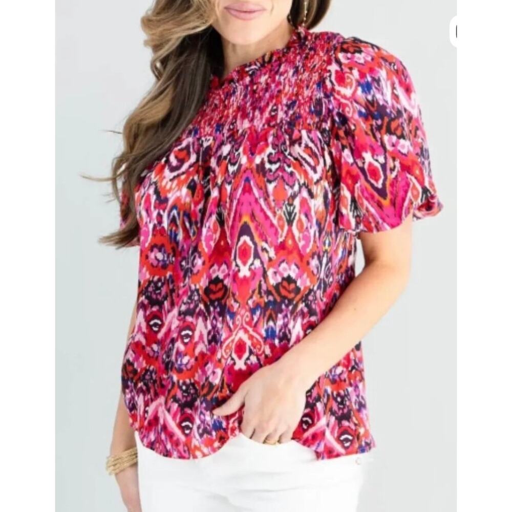 TCEC Fuchsia Printed Smocked Top Sz 1X Vibrant Career Office Colorful Pink